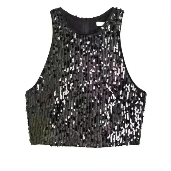 H&M Holiday Sequined Racer back Gray Crop Tank Top - size Medium NWT - Picture 1 of 4